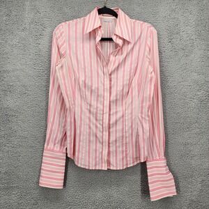 Thomas Pink Womens Slim Fit Stretch Striped Button Down Shirt Pink White Size 8